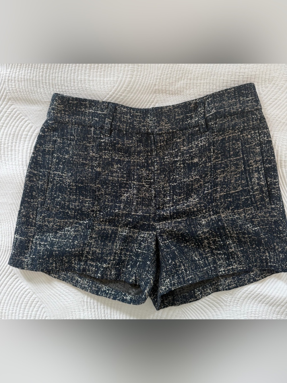 High-Waist Navy and Gold Tweed Women’s Dress Shorts